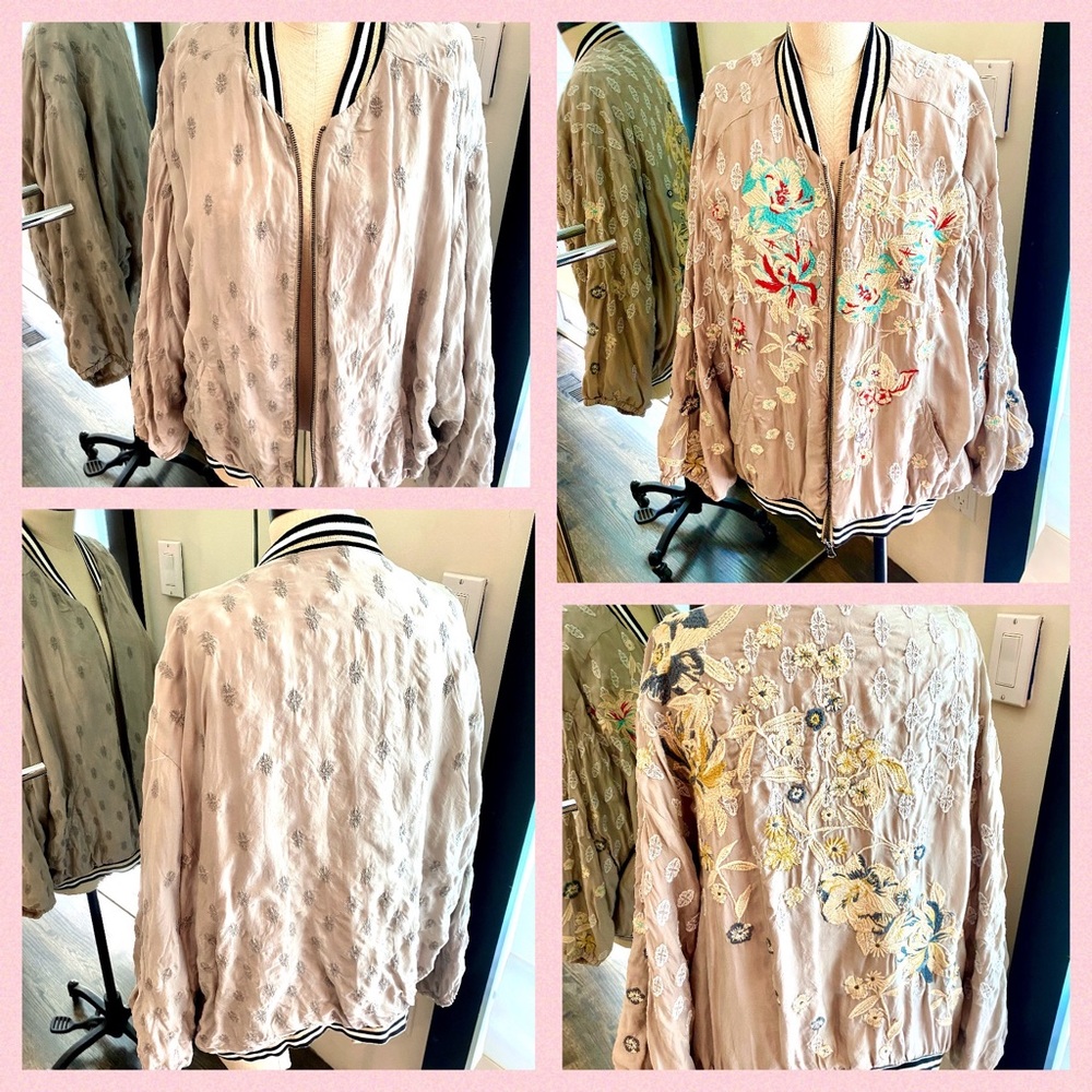 NWT Johnny Was 100% Silk Reversible Embroidered Bomber L
